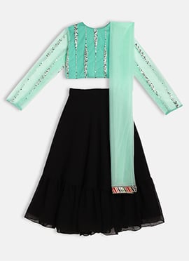 Kids Girls Green Embroidered Floor Length Lehenga
