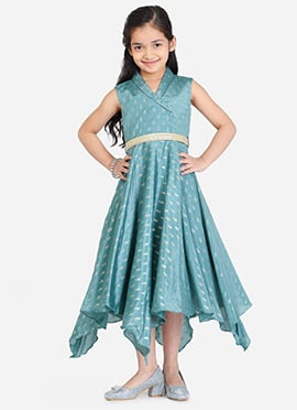 Kids Girls Green Foil Printed Chinon Maxi Dress