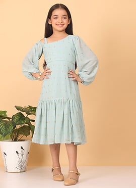 Kids Girls Green Georgette Embroidered Dress