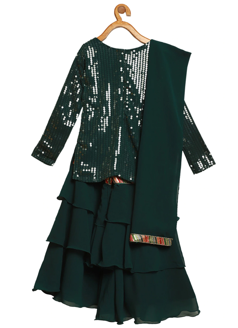 Kids Girls Green Georgette Embroidered Layered Gharara Suit Party Wear