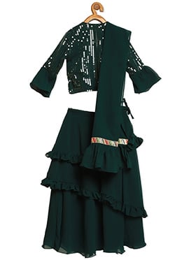 Kids Girls Green Georgette Embroidered Layered Lehenga