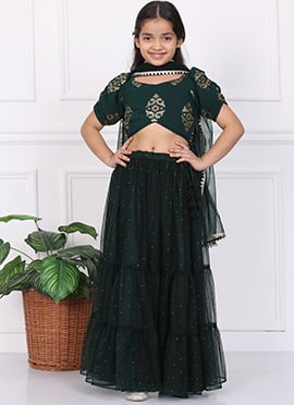 Kids Girls Green Georgette Embroidered Lehenga