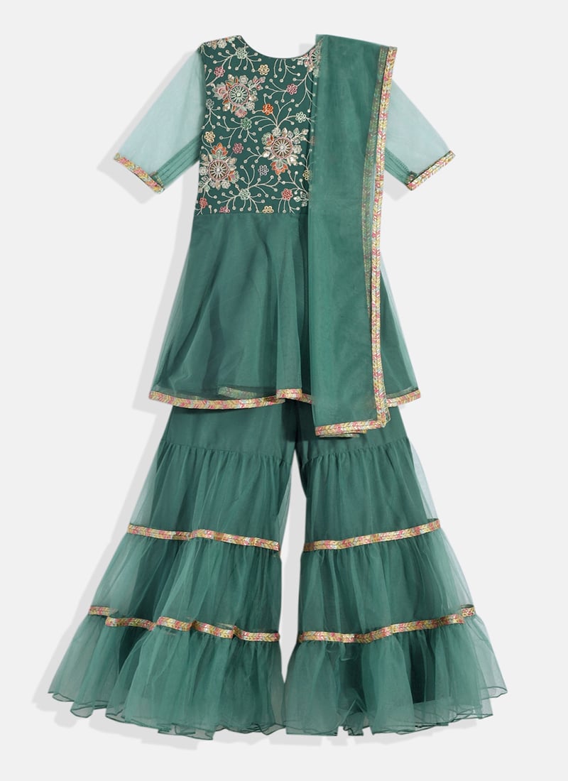 Kids Girls Kids Girls Green Georgette Embroidered Palazzo Suit Festive Wear