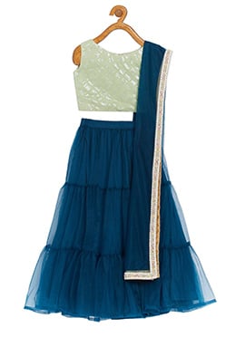 Kids Girls Green Georgette Sequins N Blue Net Lehenga