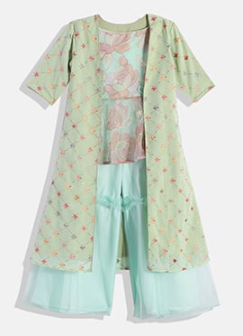 Kids Girls Green Jacket N Rouge Pink Embroidered Palazzo Set