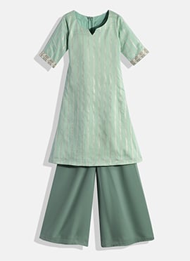Kids Girls Green Jacquard Kurta Sets