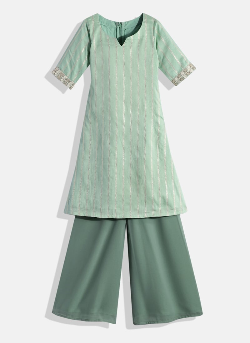 Kids Girls Green Jacquard Kurta Sets Festive Wear