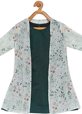 Kids Girls Green Muslin Printed Jacket N Chanderi Top