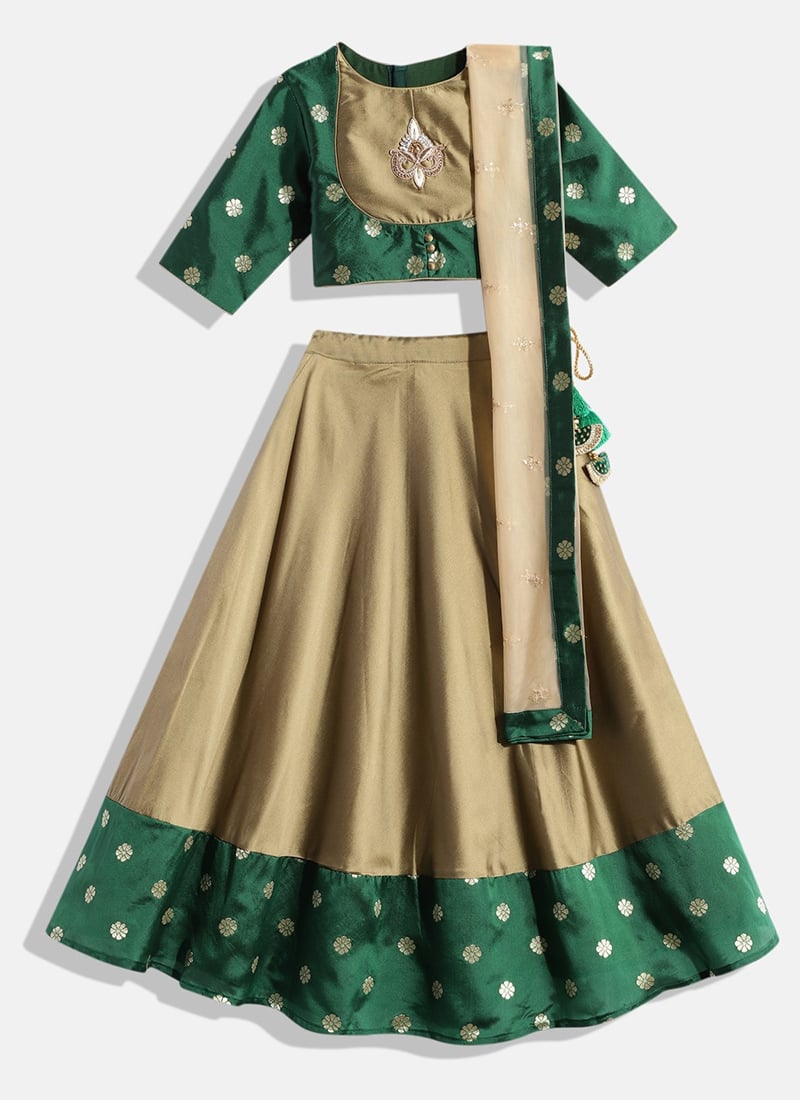 Kids Girls Green N Beige Silk Lehenga Set