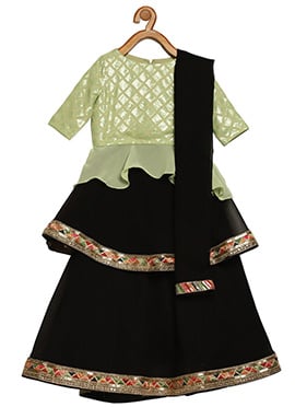 Kids Girls Green N Black Embroidered Layered Lehenga Set