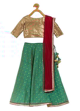 Kids Girls Green N Brown Sequins Lehenga Set