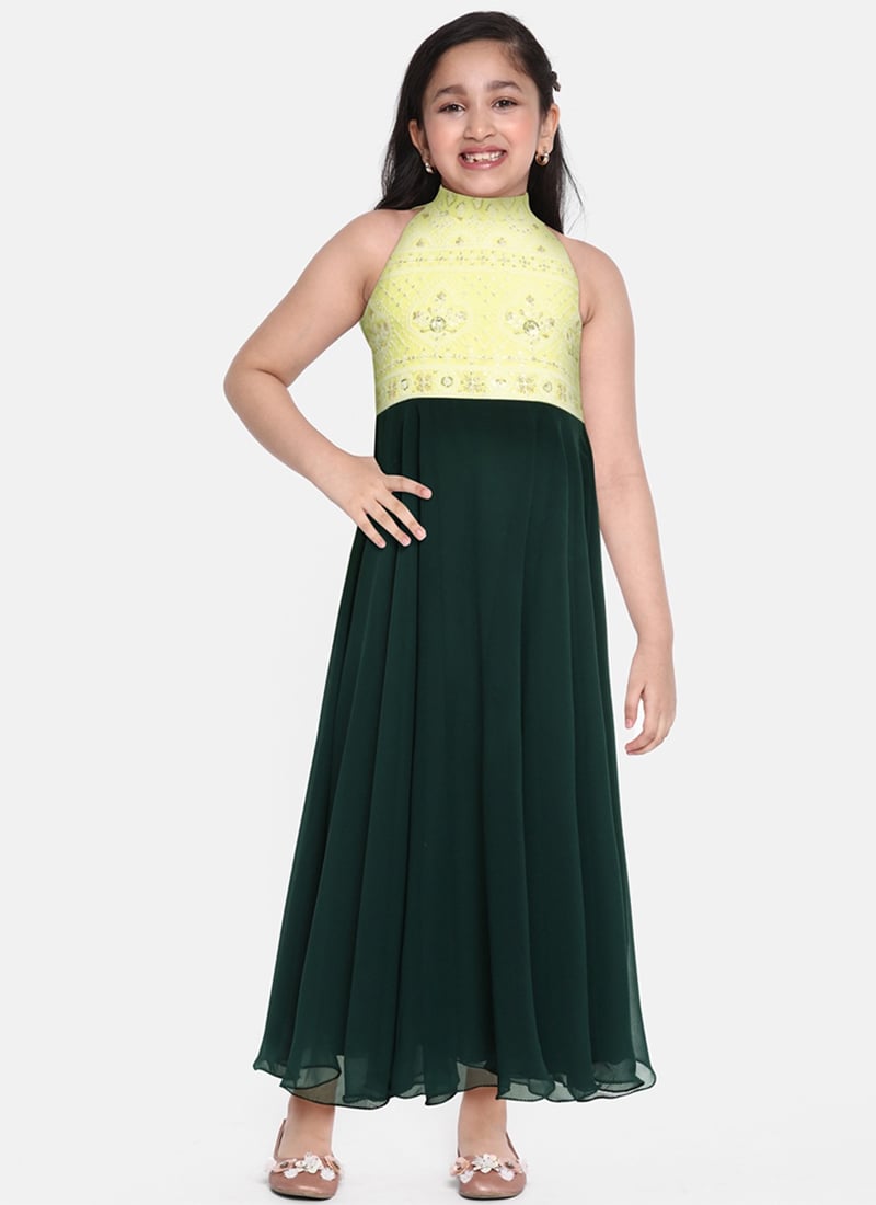 Kids Girls Green N Lemon Yellow Halter Neck Gown