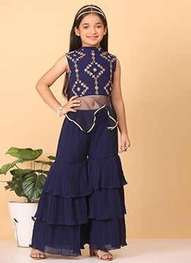 Kids Girls Green N Pink Georgette Sequins Palazzo Set