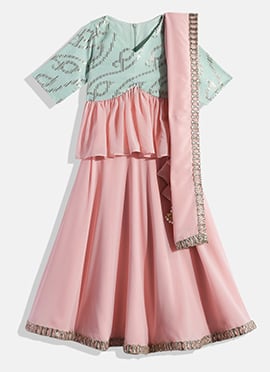 Kids Girls Green N Pink Long Choli Lehenga Set