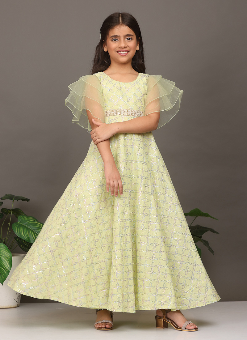 Kids Girls Green Sequins Embroidered Gown Festive Wear