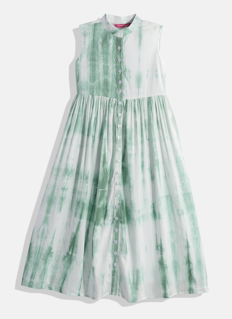 Kids Girls Green Tie N Dye Gathered Flare Dress