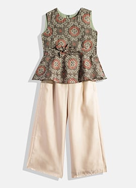 Kids Girls Grey Art Silk  Top and Wide Leg Pant Set