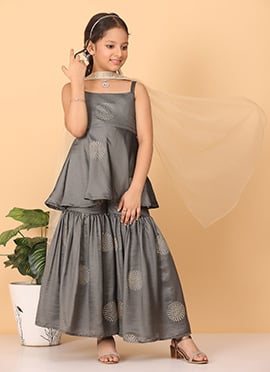 Kids Girls Grey Art Silk Foil Print Gharara Set