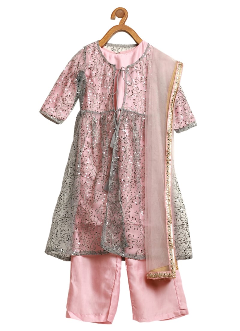 Kids Girls Grey Embroidered Jacket Style Wide Leg Pant Set Festive Wear