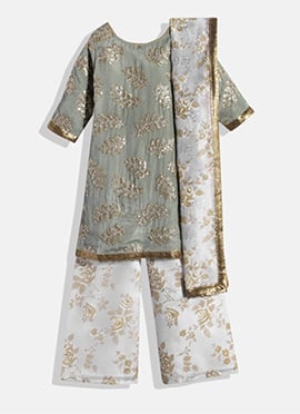 Kids Girls Grey Embroidered N White Organza Wide Leg Pant Set