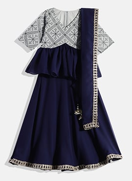 Kids Girls Grey N Blue Long Choli Lehenga Set