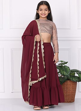 Kids Girls Grey N Burgundy Embroidered Net Lehenga Set