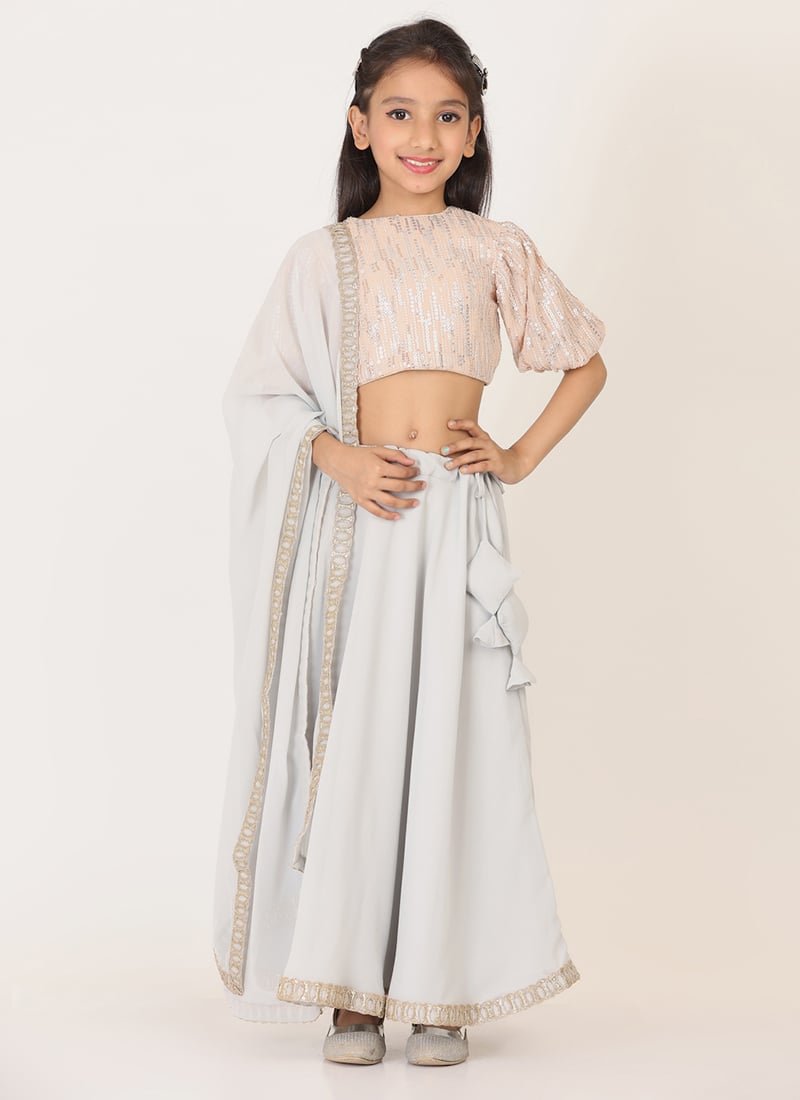 Kids Girls Grey N Dusty Peach Embroidered Lehenga Festive Wear