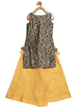 Kids Girls Grey N Mustard Printed Kurta Set