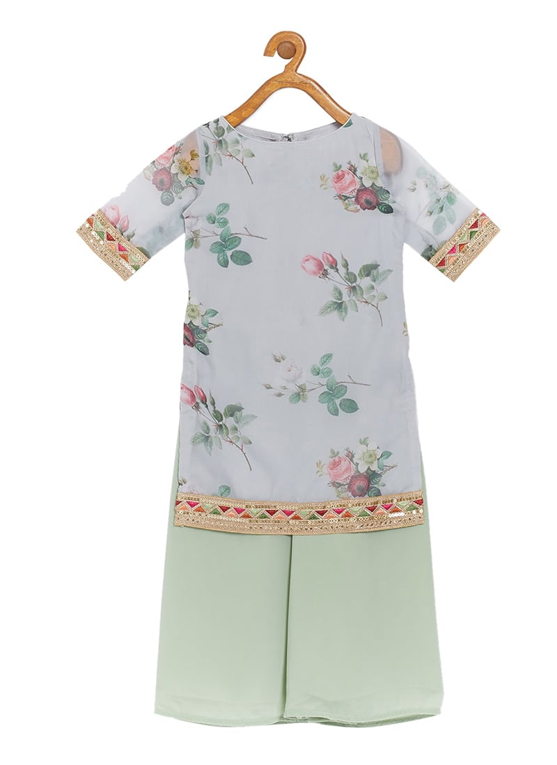 Kids Girls Grey Printed Organza Knee Length Kurta Set Festive Wear