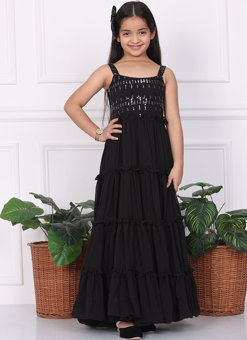Kids Girls Kid Girls Black Georgette Sequins Gown Festive Wear