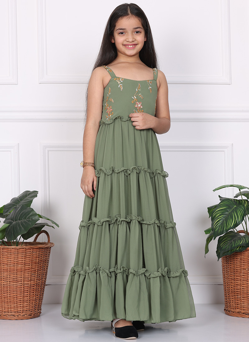 Kids Girls Kid Girls Green Georgette Sequins Gown Festive Wear