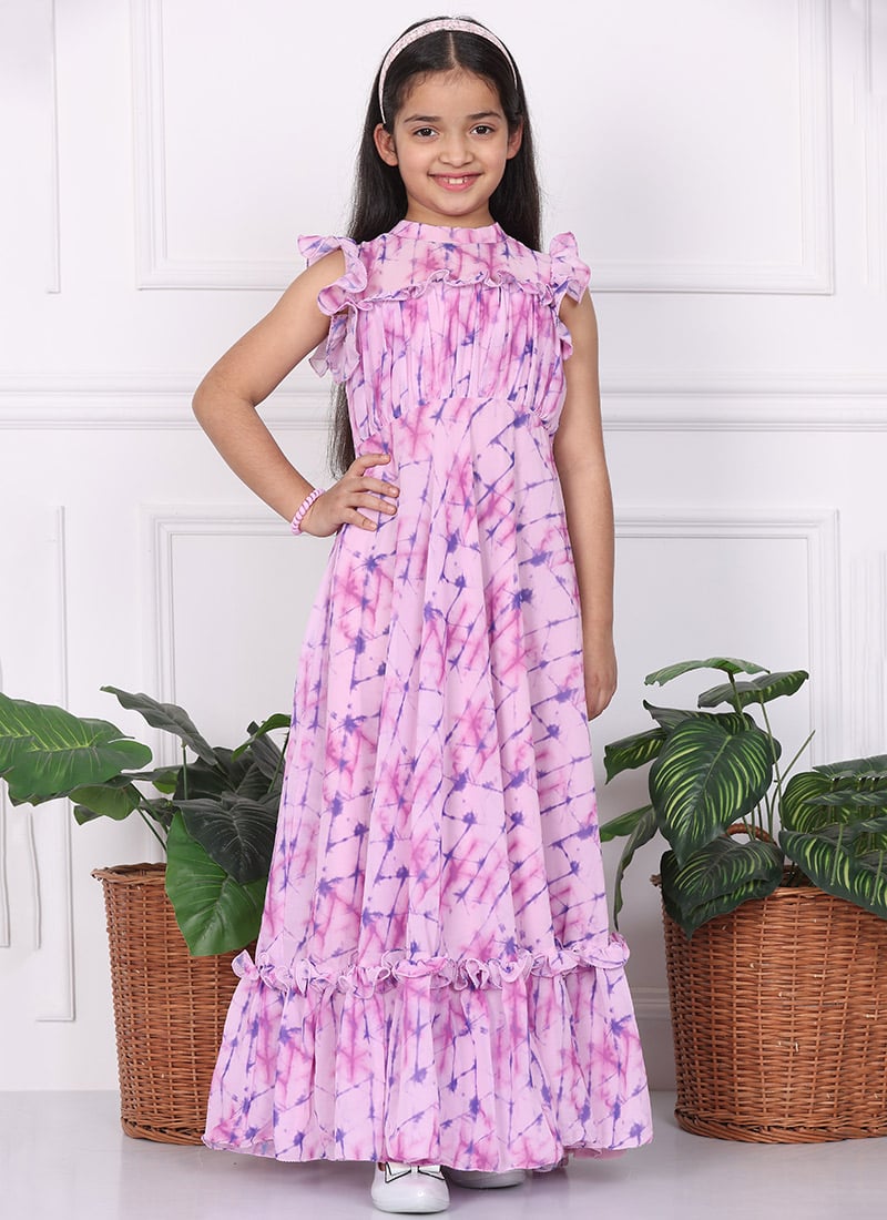 Kids Girls Kid Girls Multicolored Printed Georgette Gown Festive Wear