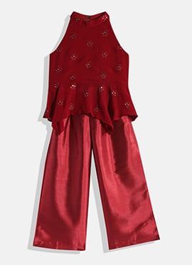 Kids Girls Kids Maroon Embroidered Wide Leg Pant Set