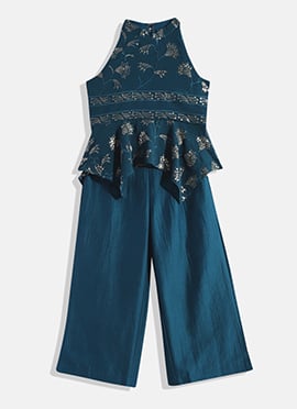 Kids Girls Kids Teal Blue Embroidered Wide Leg Pant  Set