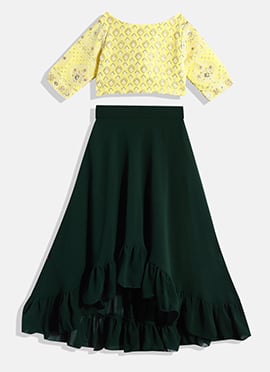 Kids Girls Lemon Yellow Embroidered Crop Top N Skirt