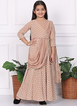Kids Girls Light Brown Embroidered Draped Style Gown