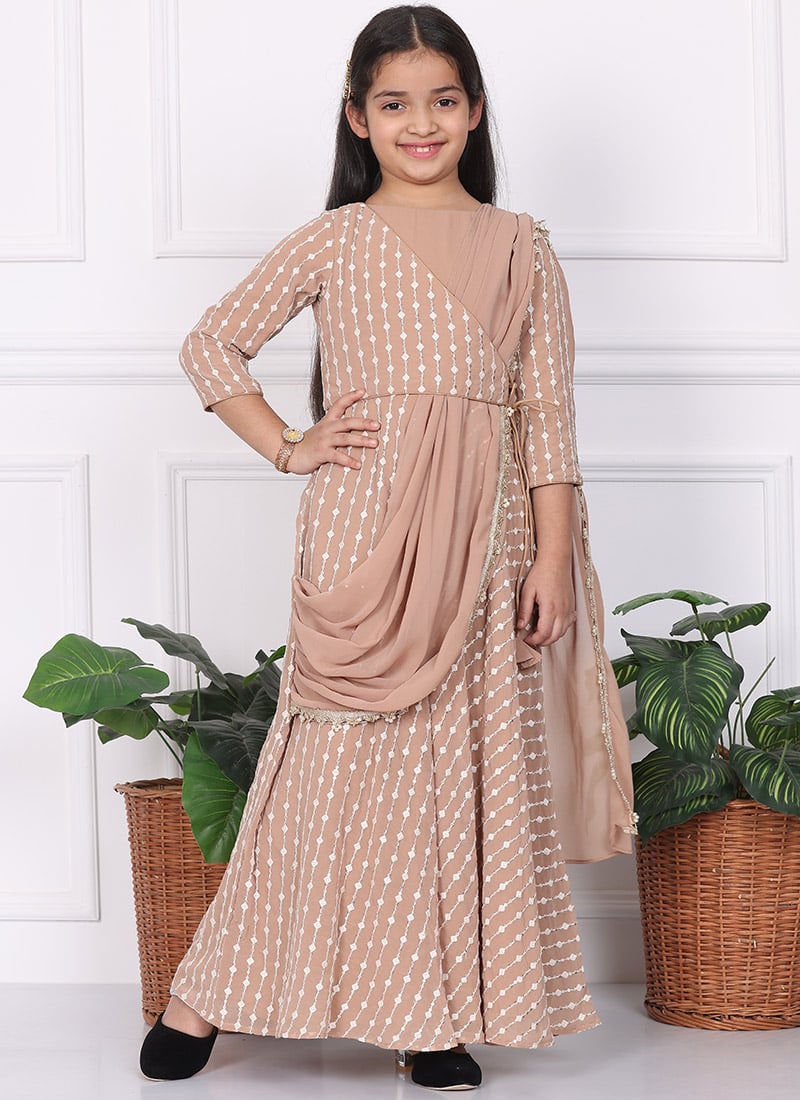 Kids Girls Light Brown Embroidered Draped Style Gown Wedding Wear