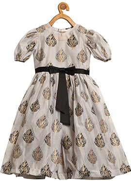 Kids Girls Lilac Hint Chanderi Silk Puff Sleeve Dr