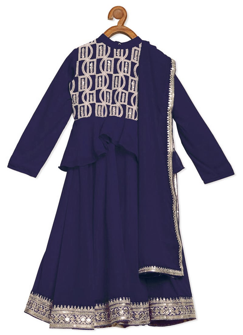 Kids Girls Long Choli Full Sleeve Dark Blue Georgette Lehenga Festive Wear