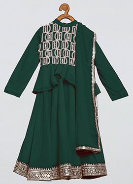 Kids Girls Long Choli Full Sleeve Green Georgette Lehenga