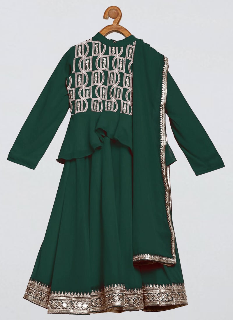 Kids Girls Long Choli Full Sleeve Green Georgette Lehenga Festive Wear