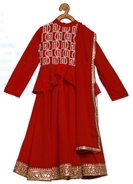Kids Girls Long Choli Full Sleeve Maroon Embroidered Lehenga