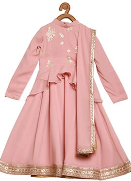 Kids Girls Long Choli Full Sleeve Pink Embroidered Lehenga