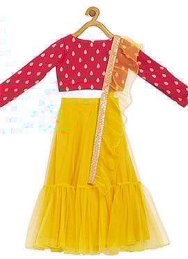 Kids Girls Magenta Embroidered N Yellow Net Lehenga