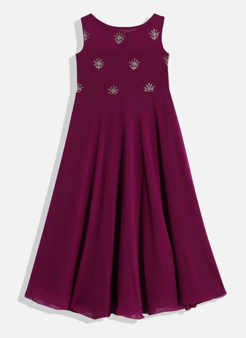 Kids Girls Magenta Georgette Embroidered Boat Neck Gown Party Wear