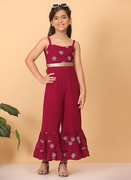 Kids Girls Magenta Georgette Embroidered Jumpsuit