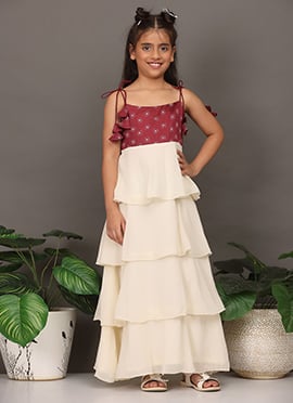 Kids Girls Maroon Art Silk Printed N Off White Layered Dress