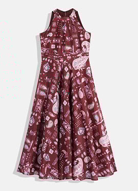 Kids Girls Maroon Digital Printed Kota Silk Gown