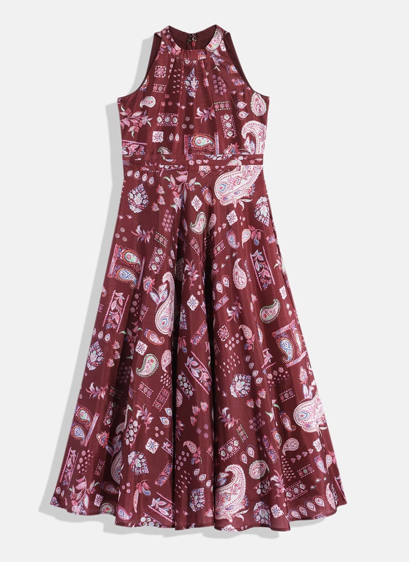 Kids Girls Maroon Digital Printed Kota Silk Gown Festive Wear
