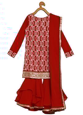 Kids Girls Maroon Embroidered Asymmetrical Gharara Suit